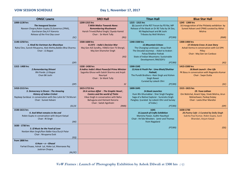 VOW SESSION SCHEDULE Day 1, November 17, 2017