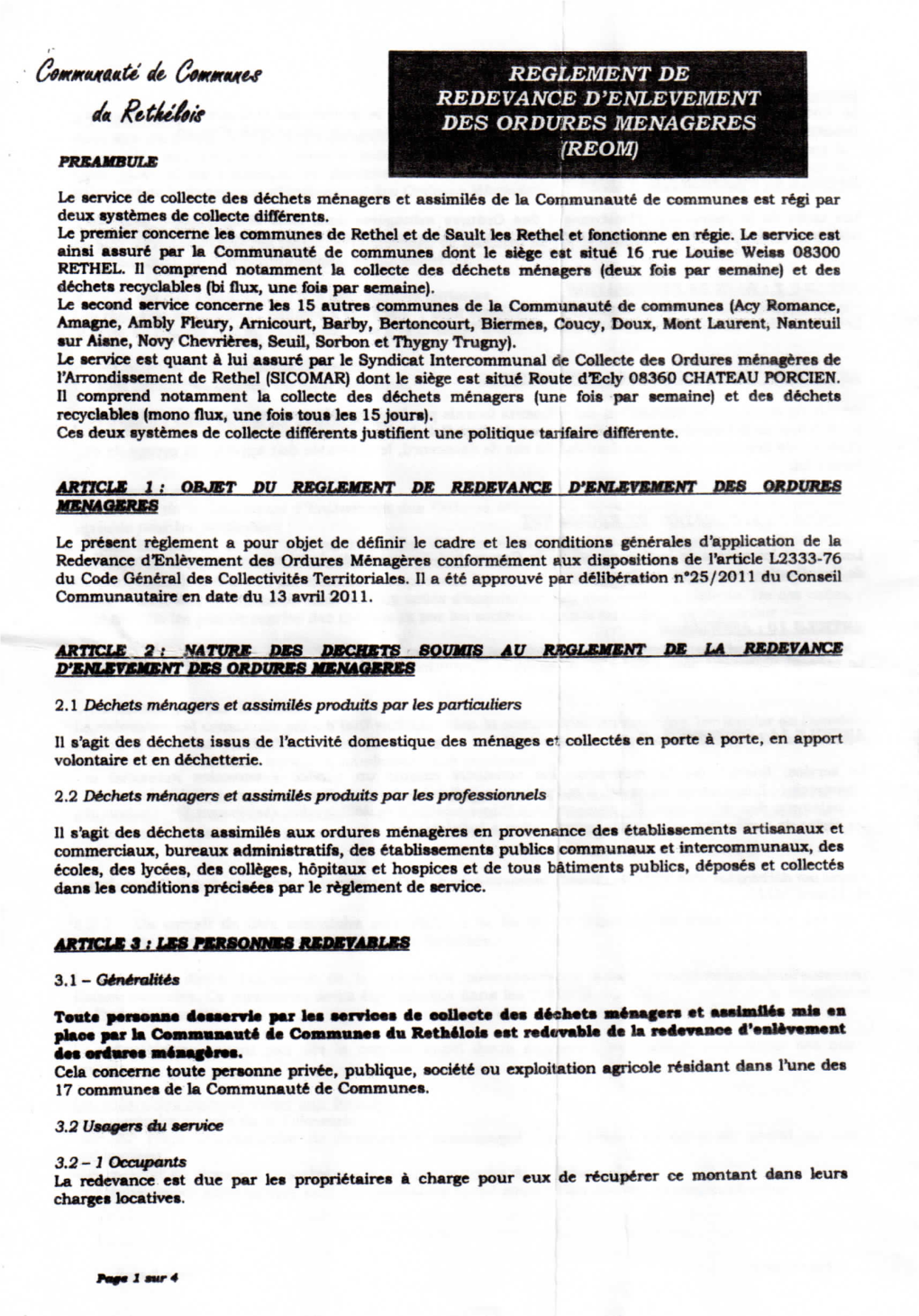 E(E. REGLEMENT DE REDEVANCE D'enlevement DES ORDURES MENAGERES (REOM) PREAMBULE