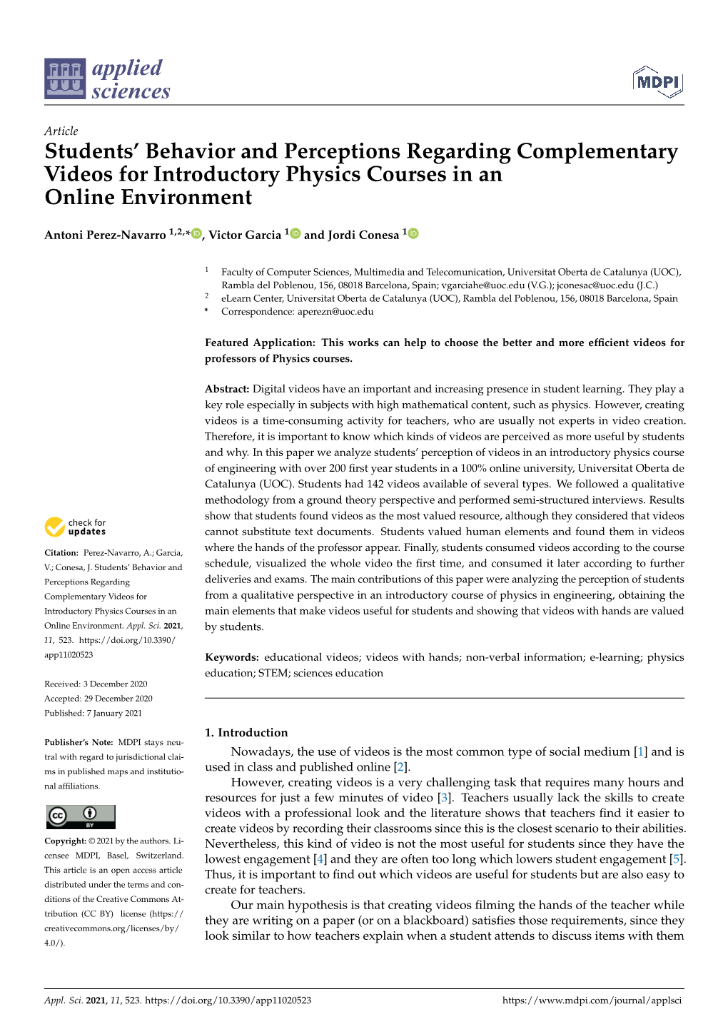 Students' Behavior and Perceptions Regarding Complementary Videos