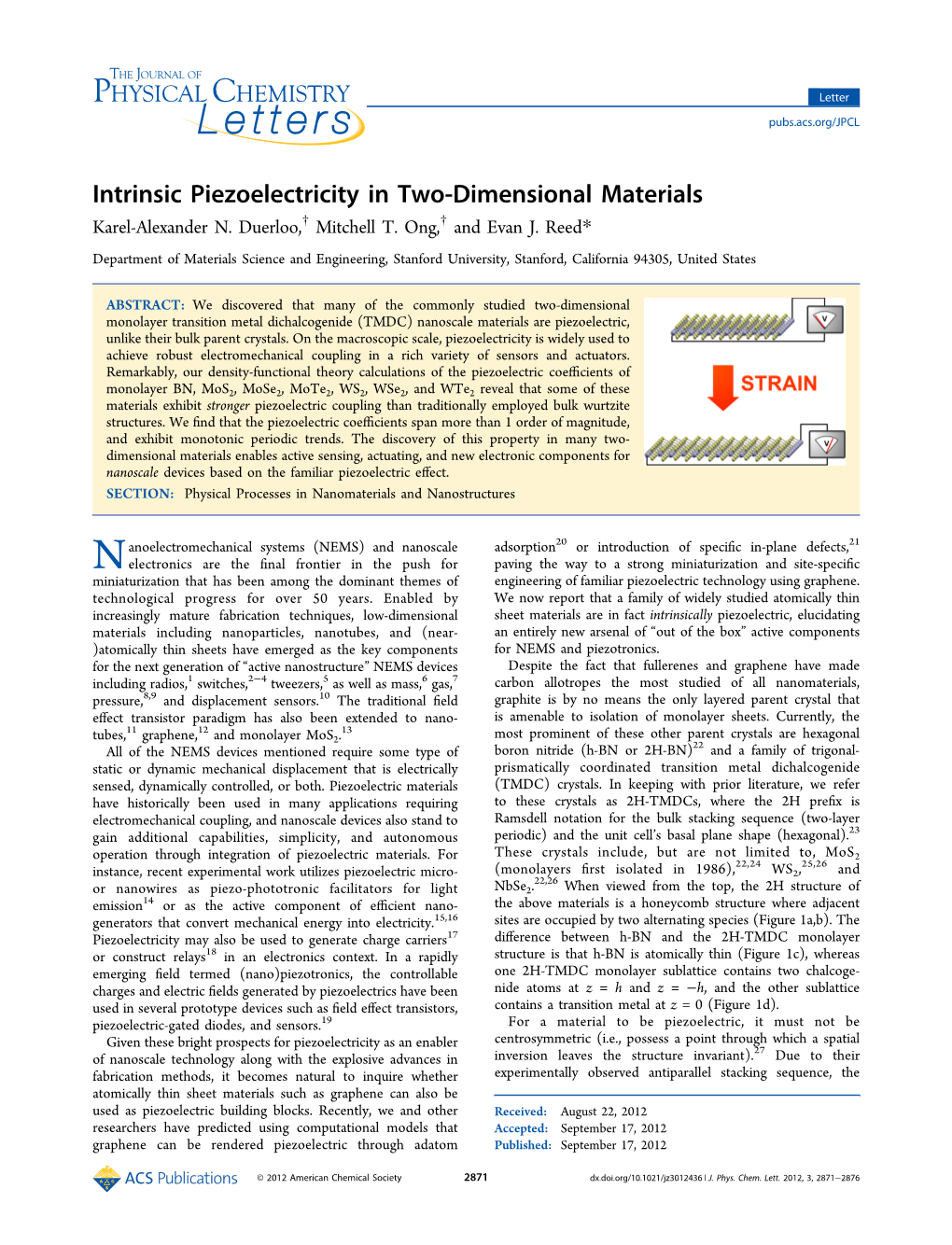 Intrinsic Piezoelectricity in Two-Dimensional Materials † † Karel-Alexander N