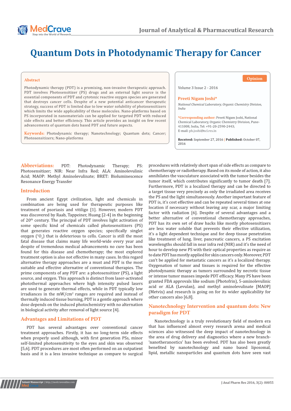 Quantum Dots in Photodynamic Therapy for Cancer