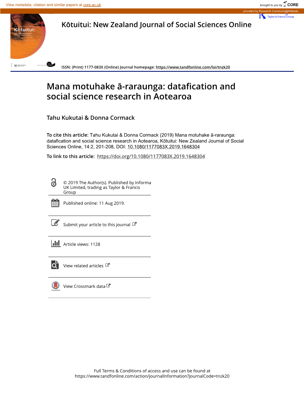 Mana Motuhake Ā-Raraunga: Datafication and Social Science Research in Aotearoa