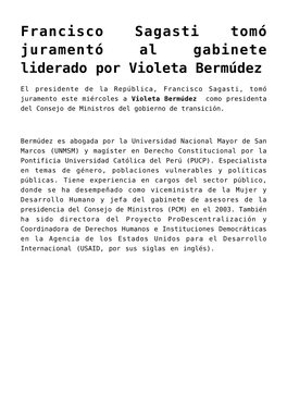 Francisco Sagasti Tomó Juramentó Al Gabinete Liderado Por Violeta Bermúdez