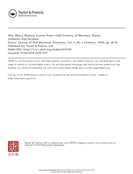 Why Money Matters: Lessons from a Half-Century of Monetary Theory Author(S): Paul Davidson Source: Journal of Post Keynesian Economics, Vol