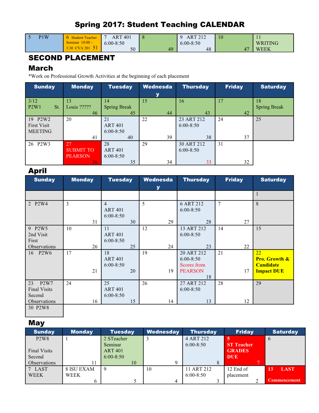 Fall 2001 Student Teaching Calendar s1