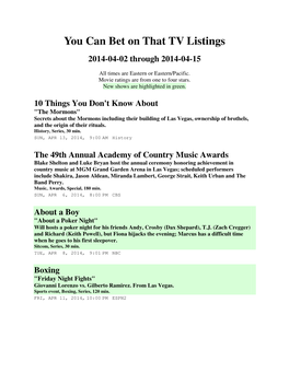You Can Bet on That TV Listings 2014-04-02 Through 2014-04-15