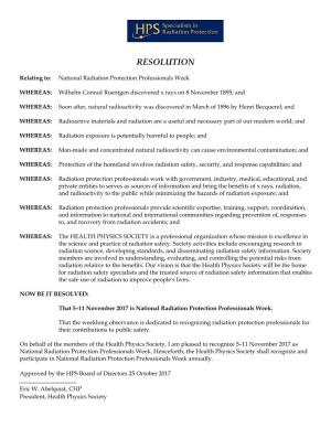 National Radiation Protection Professionals Week: HPS Resolution