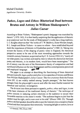 Pathos, Logos and Ethos'. Rhetorical Duel Between Brutus and Antony in William Shakespeare’S Julius Caesar