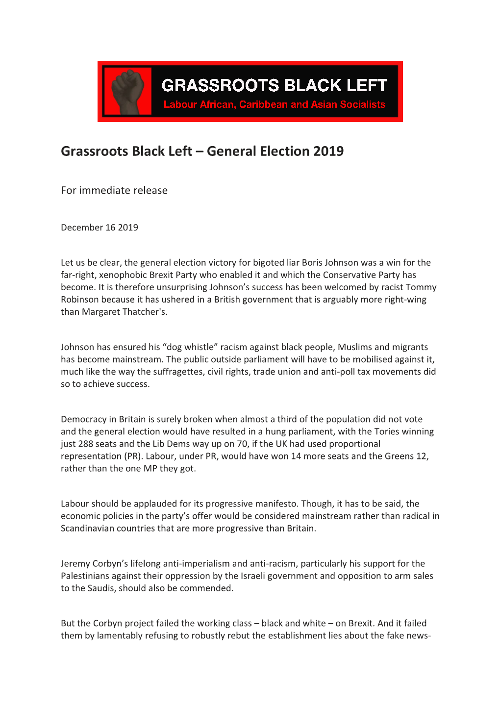 Grassroots Black Left – General Election 2019