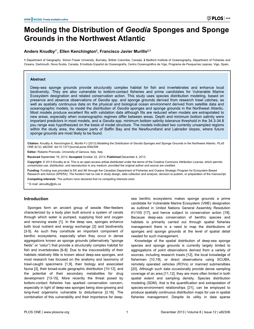 Modeling the Distribution of Geodia Sponges and Sponge Grounds in the Northwest Atlantic