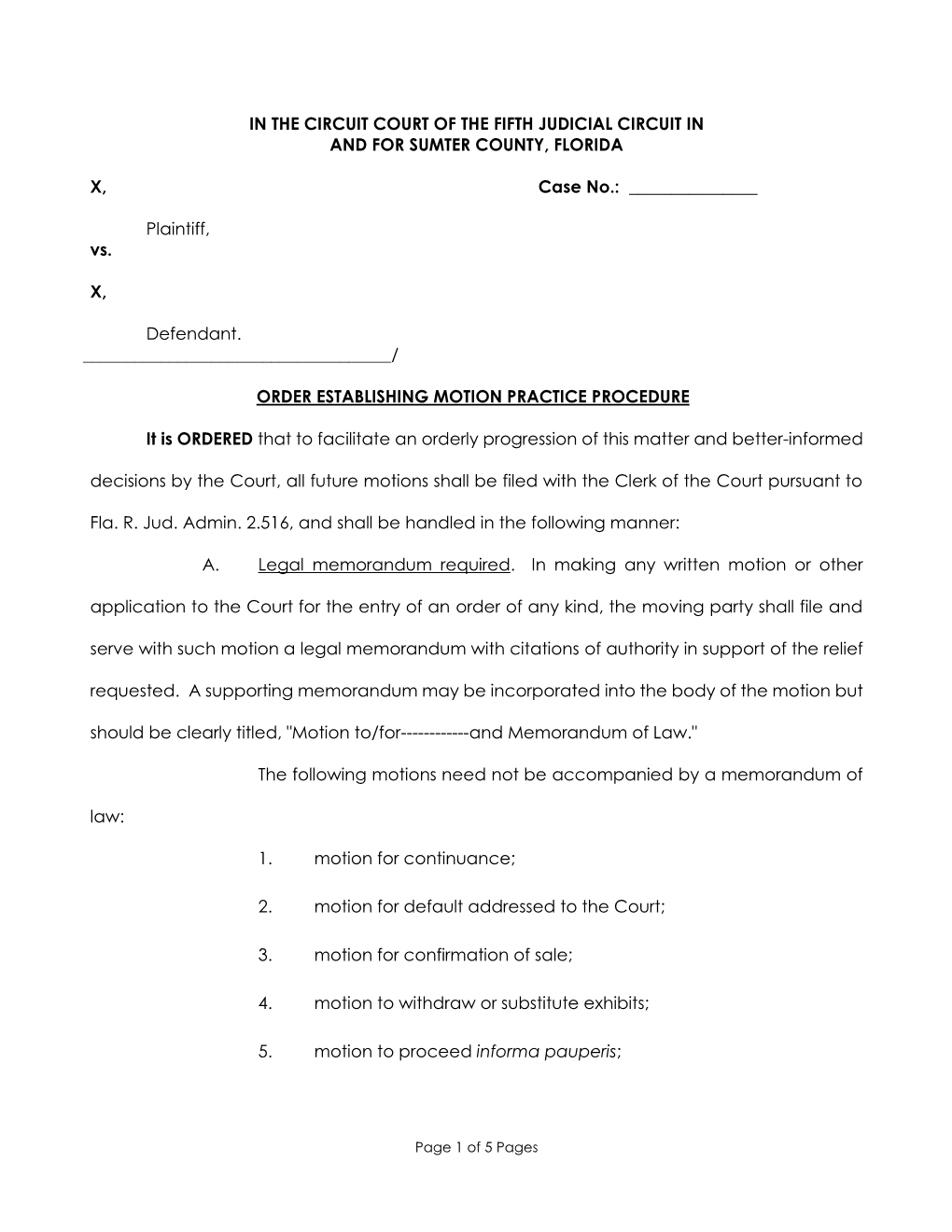 Order Establishing Motion Practice Procedure