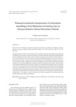 Palaeoenvironmental Interpretation of Echinoderm Assemblages from Bathonian Ore-Bearing Clays at Gnaszyn (Kraków-Silesia Homocline, Poland)