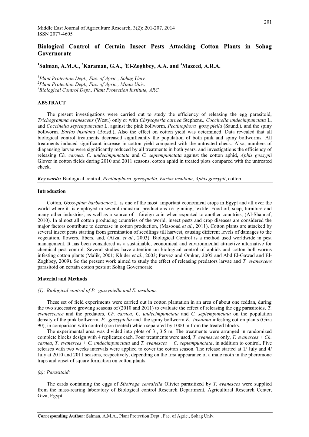 Biological Control of Certain Insect Pests Attacking Cotton Plants in Sohag Governorate