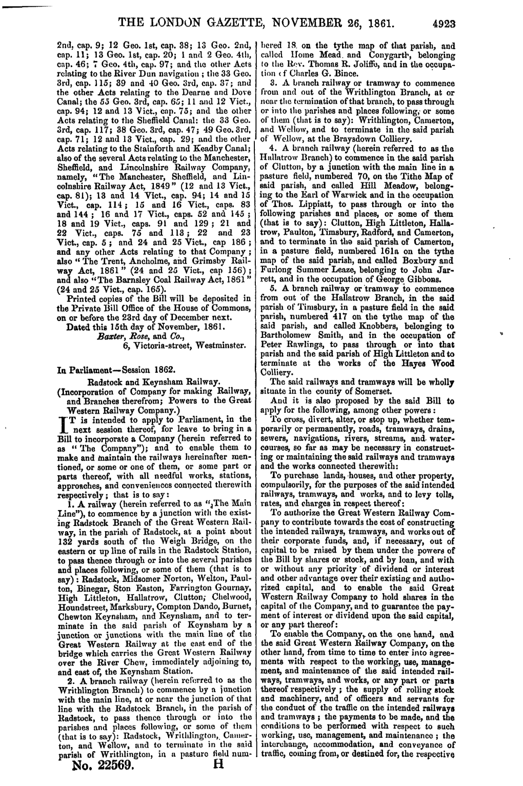 THE LONDON GAZETTE, NOVEMBER 26, 1861. 4923 No