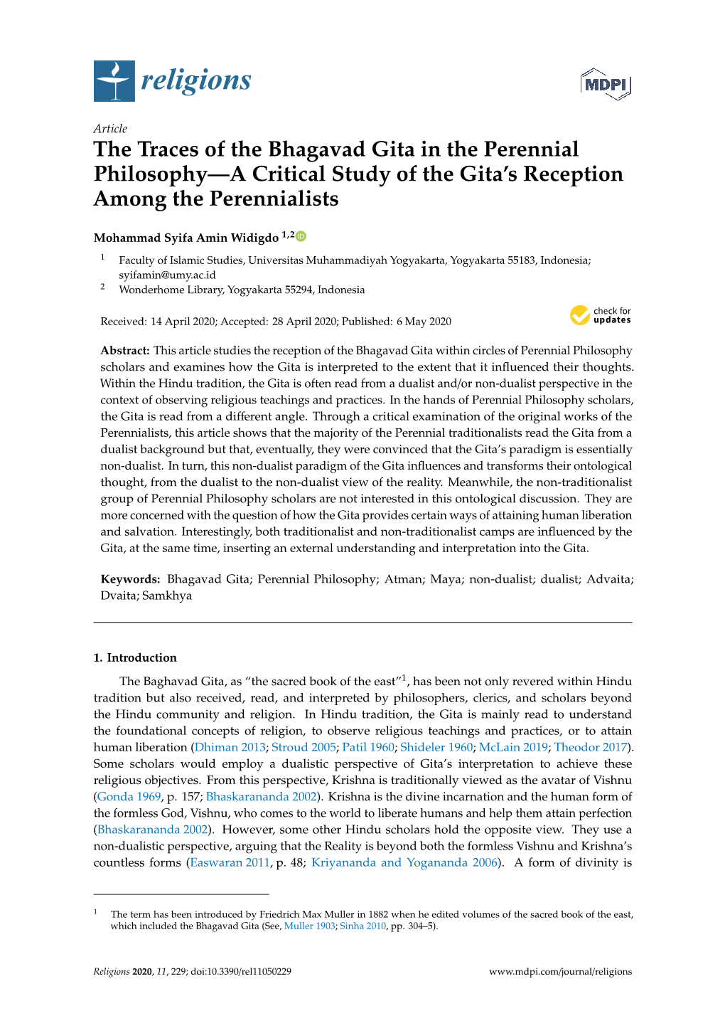 The Traces of the Bhagavad Gita in the Perennial Philosophy—A Critical Study of the Gita’S Reception Among the Perennialists