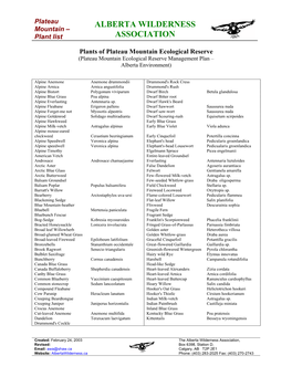 Plateau Mountain Plant List
