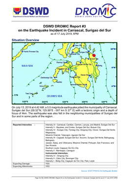 DSWD DROMIC Report #3 on the Earthquake Incident in Carrascal, Surigao Del Sur As of 17 July 2019, 6PM