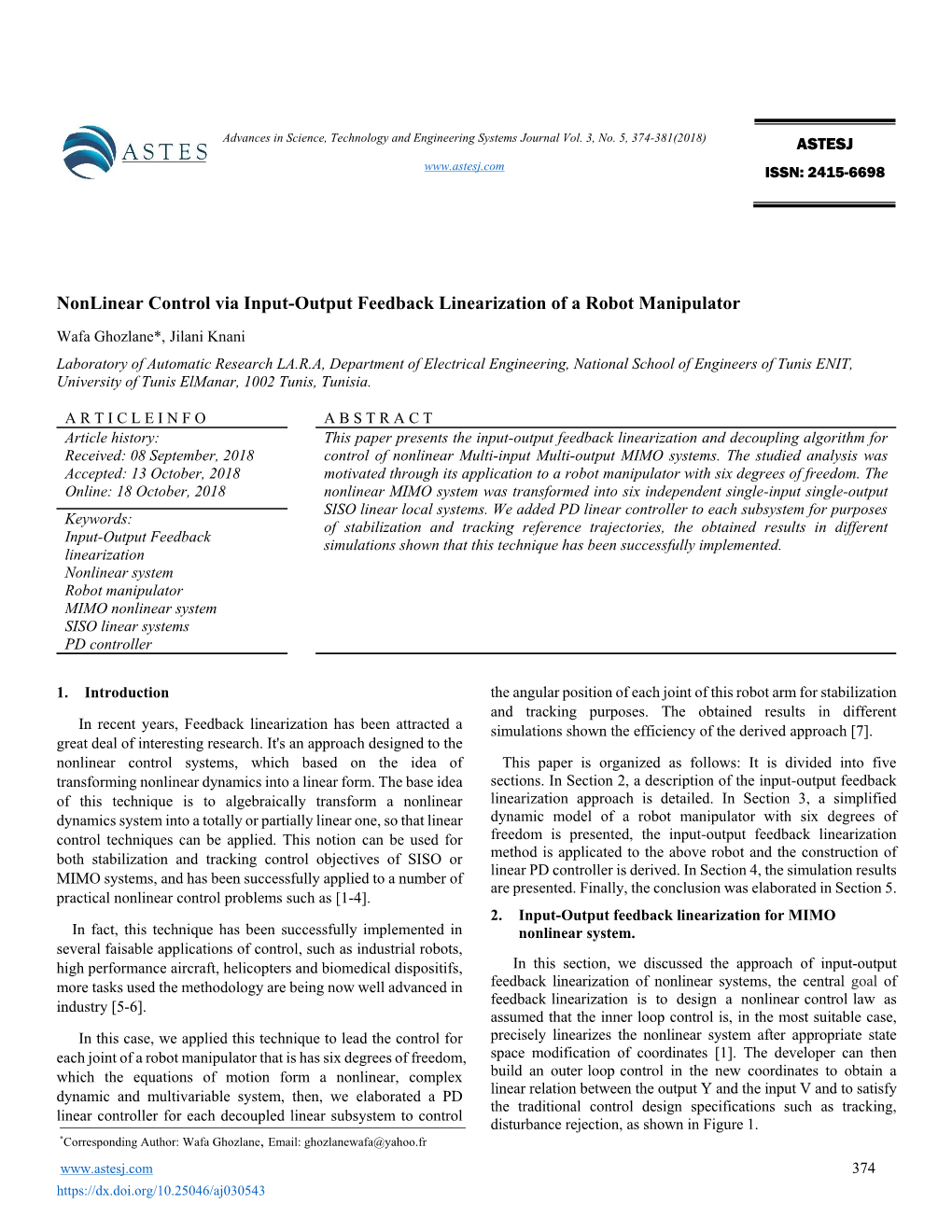 Nonlinear Control Via Input-Output Feedback Linearization of a Robot Manipulator