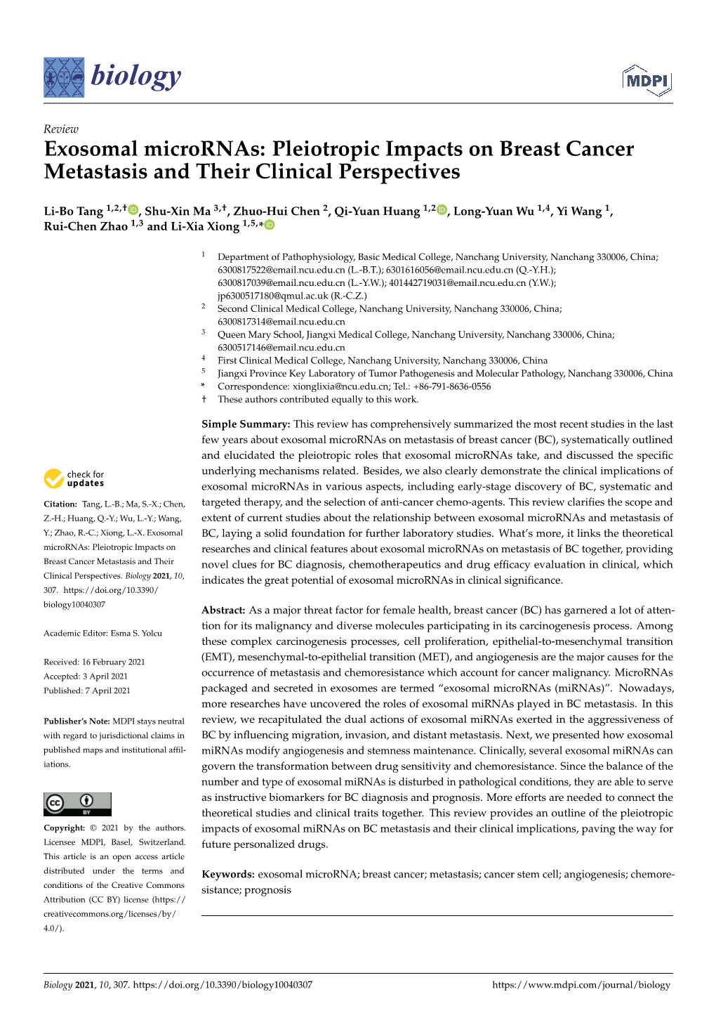 Exosomal Micrornas: Pleiotropic Impacts on Breast Cancer Metastasis and Their Clinical Perspectives