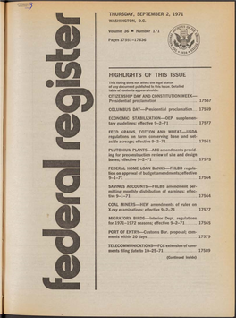 Thursday, September 2, 1971 Highlights of This Issue
