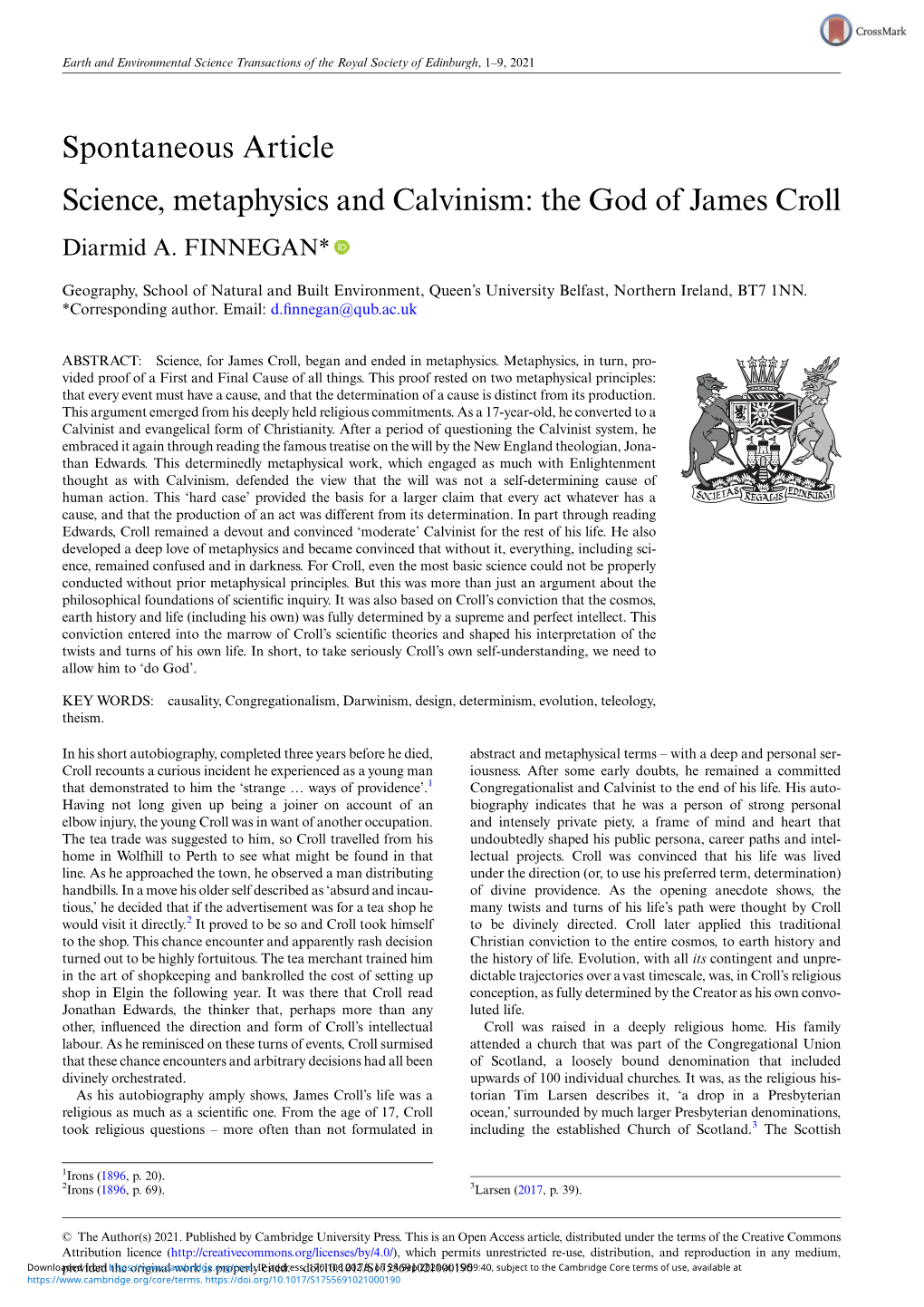 Spontaneous Article Science, Metaphysics and Calvinism: the God of James Croll Diarmid A