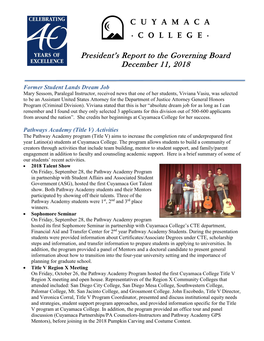 President's Report to the Governing Board December 11, 2018