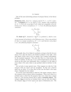 14. Limits One of the More Interesting Notions of Category Theory, Is the Theory of Limits