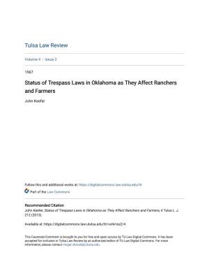 Status of Trespass Laws in Oklahoma As They Affect Ranchers and Farmers