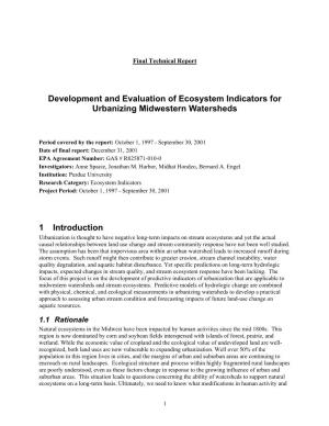 Development and Evaluation of Ecosystem Indicators for Urbanizing Midwestern Watersheds 1 Introduction