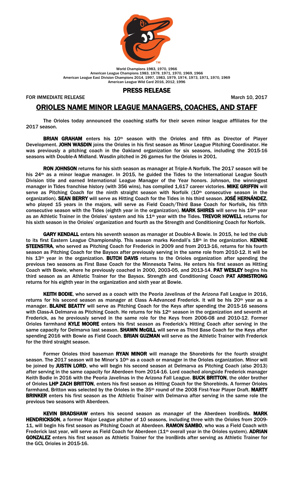 Orioles Name Minor League Managers, Coaches, and Staff