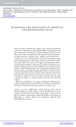 Humanism and Education in Medieval and Renaissance