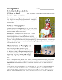 Peking Opera Name______Definition & Characteristics NTI Drama Day 8 Read the Passage Then Answer the Questions That Follow
