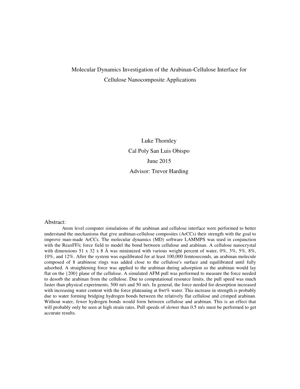 Molecular Dynamics Investigation of the Arabinan-Cellulose Interface for Cellulose Nanocomposite Applications