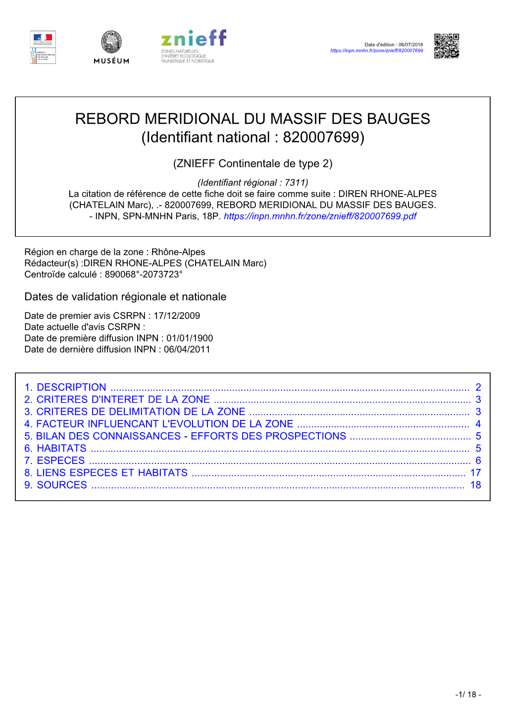 REBORD MERIDIONAL DU MASSIF DES BAUGES (Identifiant National : 820007699)