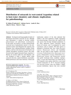 Distribution of Ostracods in West-Central Argentina Related to Host-Water Chemistry and Climate: Implications for Paleolimnology