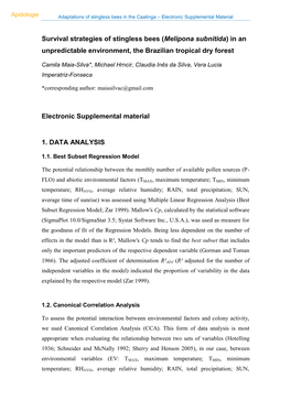 Survival Strategies of Stingless Bees (Melipona Subnitida) in an Unpredictable Environment, the Brazilian Tropical Dry Forest