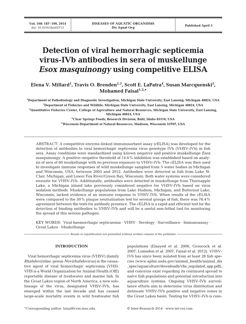 Detection of Viral Hemorrhagic Septicemia Virus-Ivb Antibodies in Sera of Muskellunge Esox Masquinongy Using Competitive ELISA