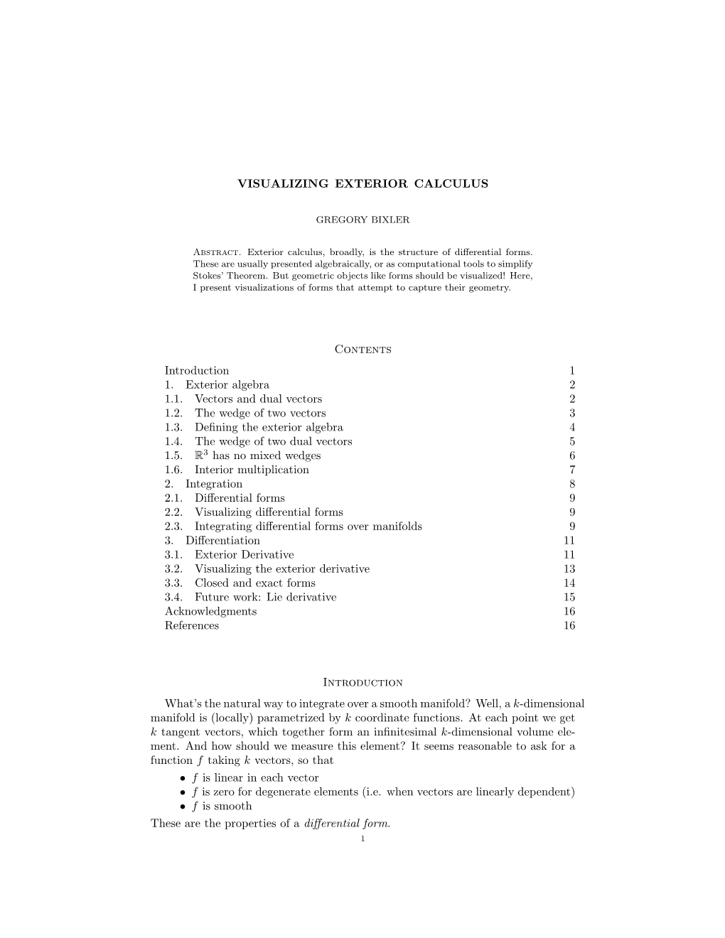 VISUALIZING EXTERIOR CALCULUS Contents Introduction 1 1. Exterior