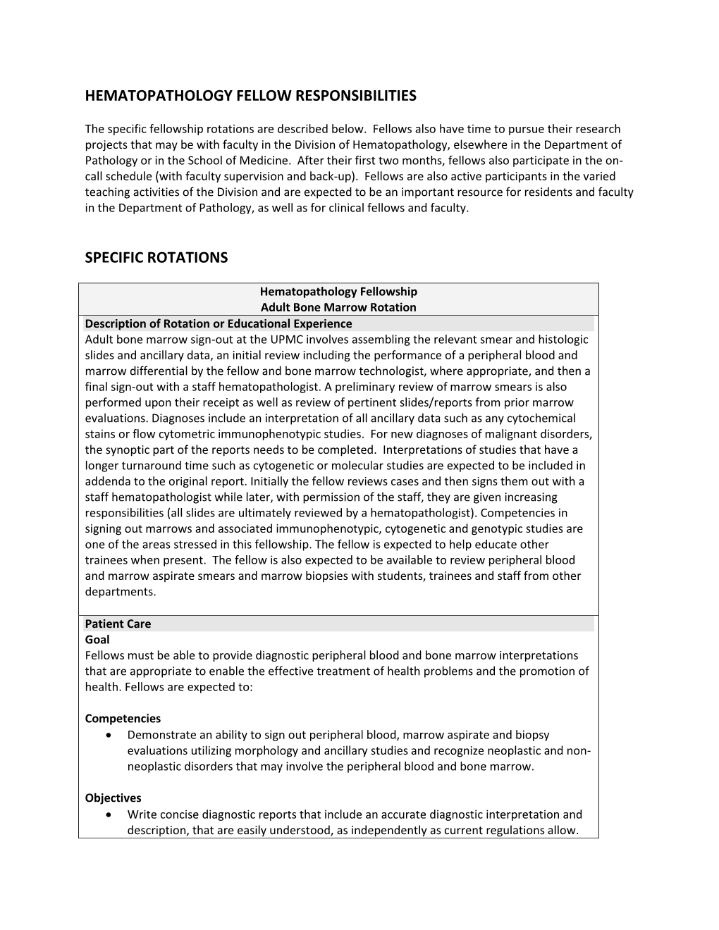 Hematopathology Fellow Responsibilities Specific