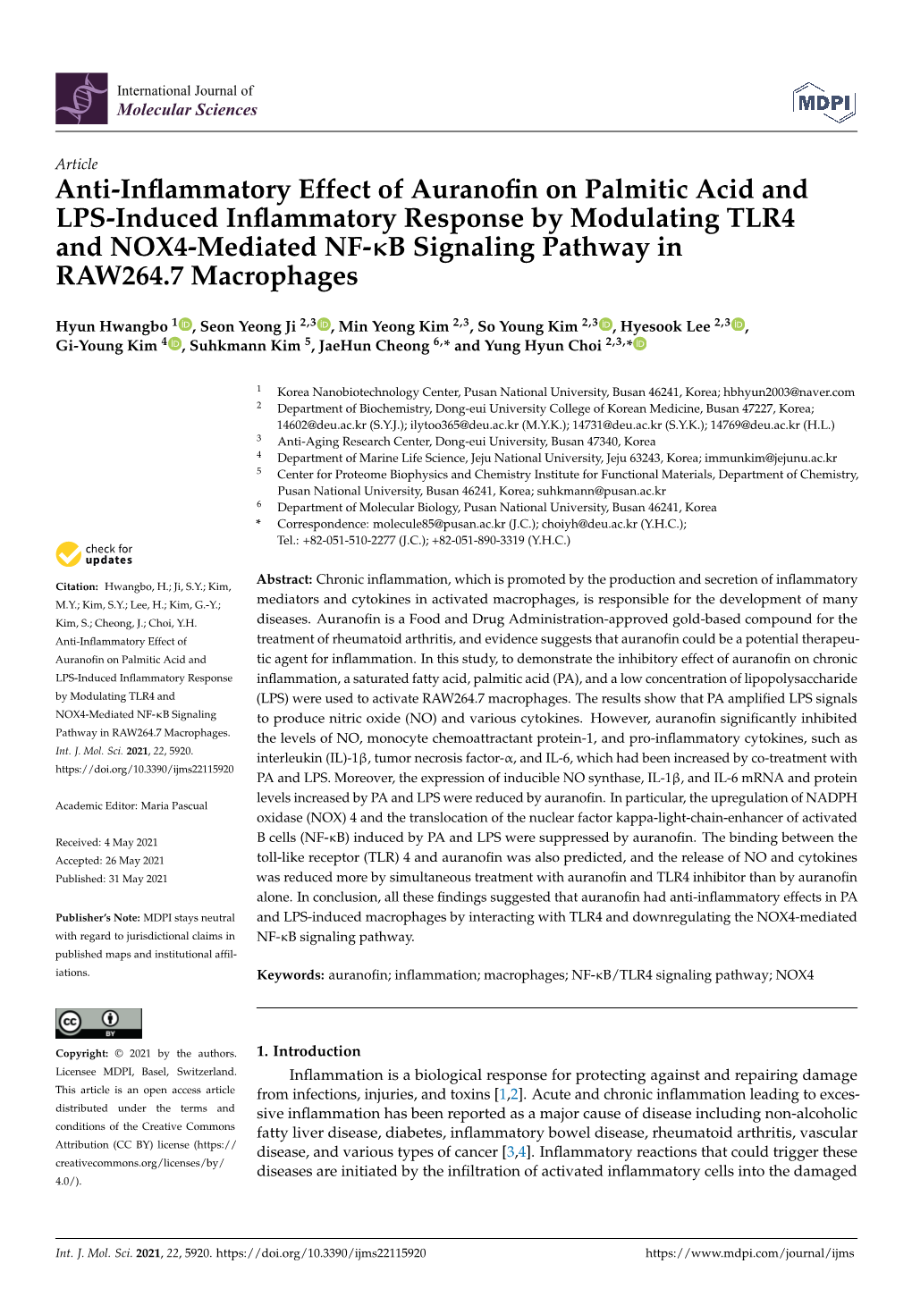 Anti-Inflammatory Effect of Auranofin on Palmitic Acid and LPS-Induced