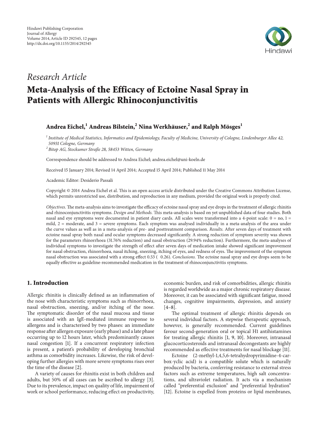 Research Article Meta-Analysis of the Efficacy of Ectoine Nasal Spray in Patients with Allergic Rhinoconjunctivitis