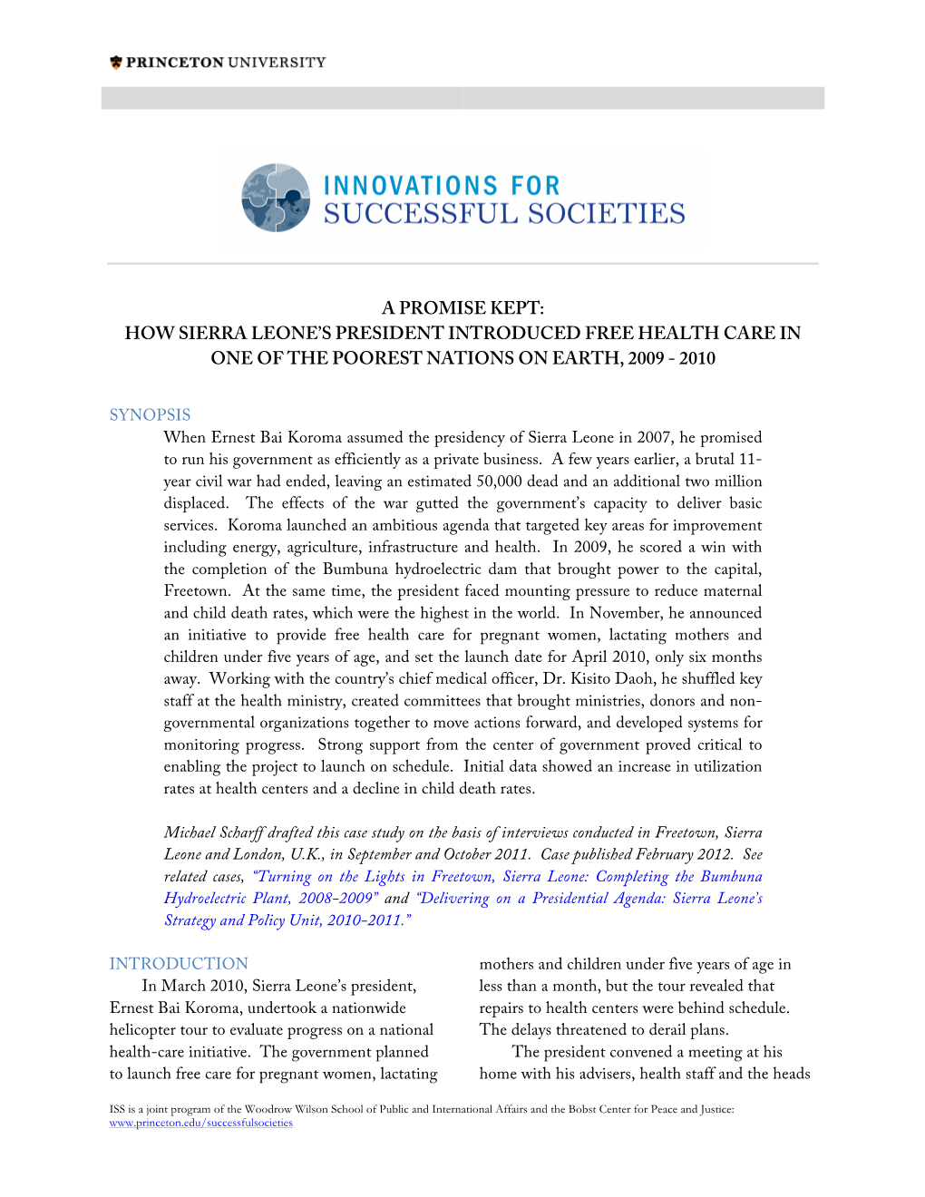 A Promise Kept: How Sierra Leone's President Introduced Free Health Care in One of the Poorest Nations on Earth, 2009
