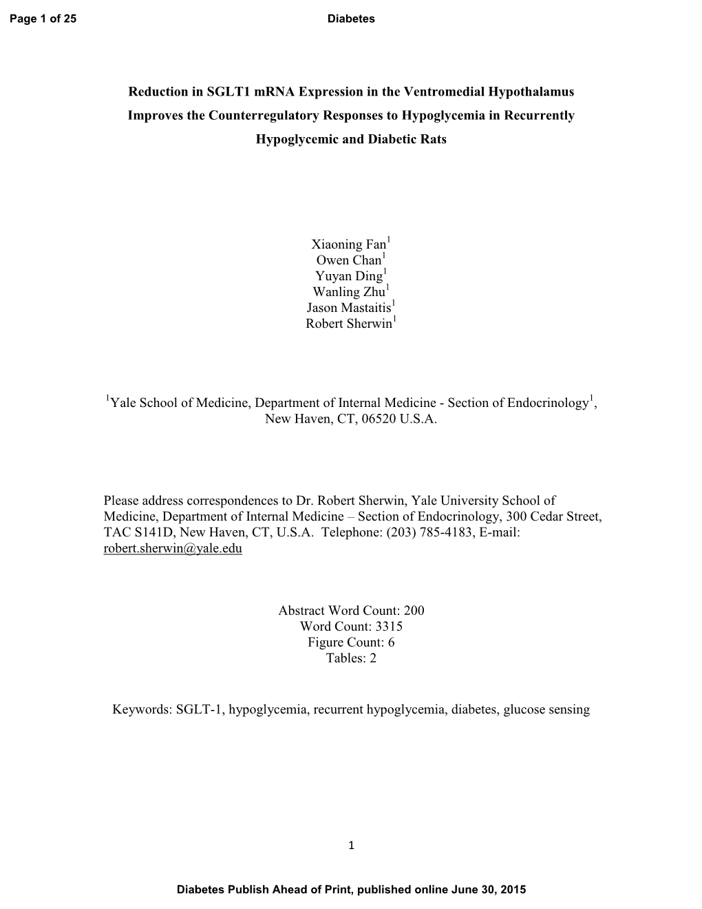 Reduction in SGLT1 Mrna Expression in the Ventromedial