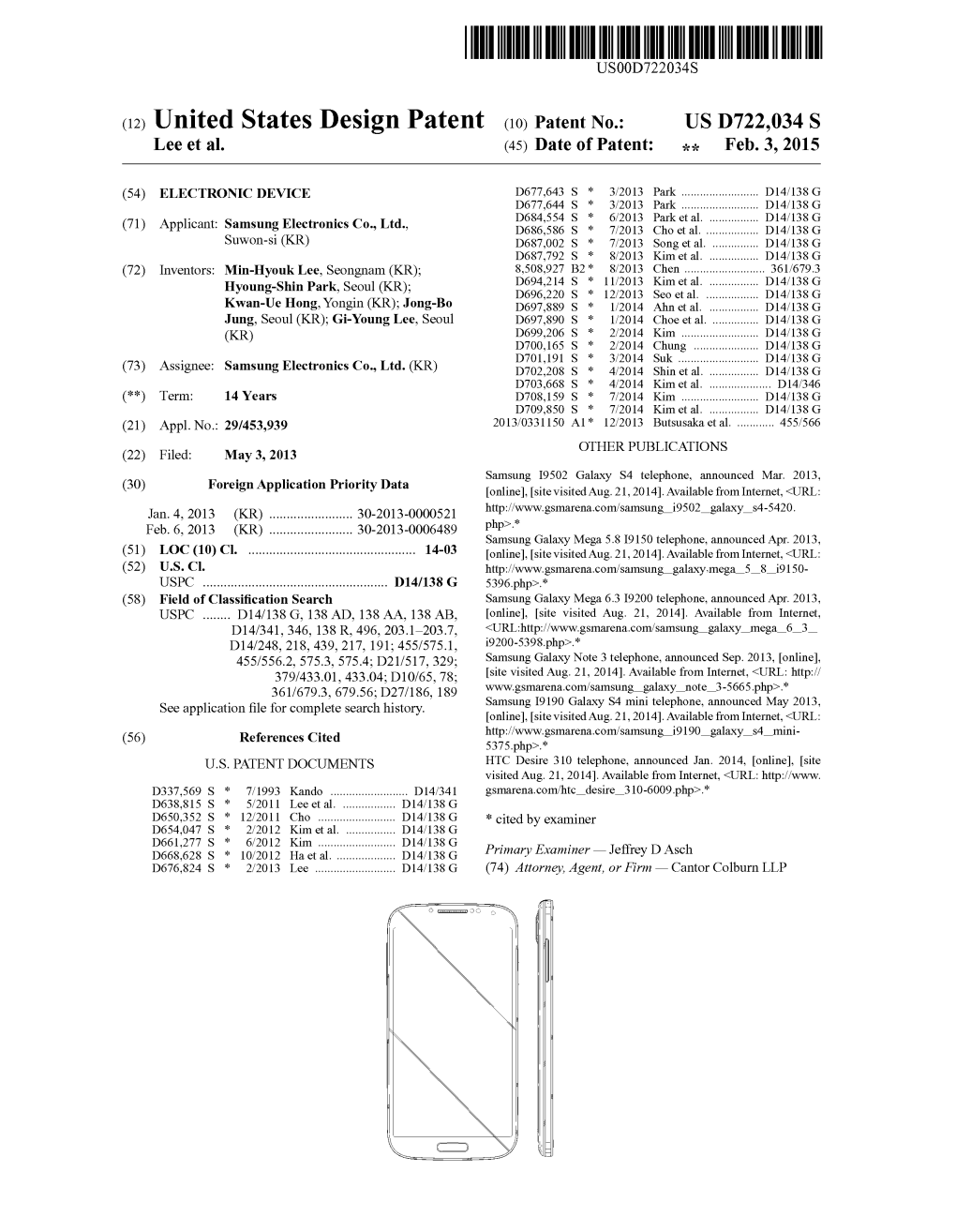(12) United States Design Patent (10) Patent No.: USD722,034 S Lee Et Al
