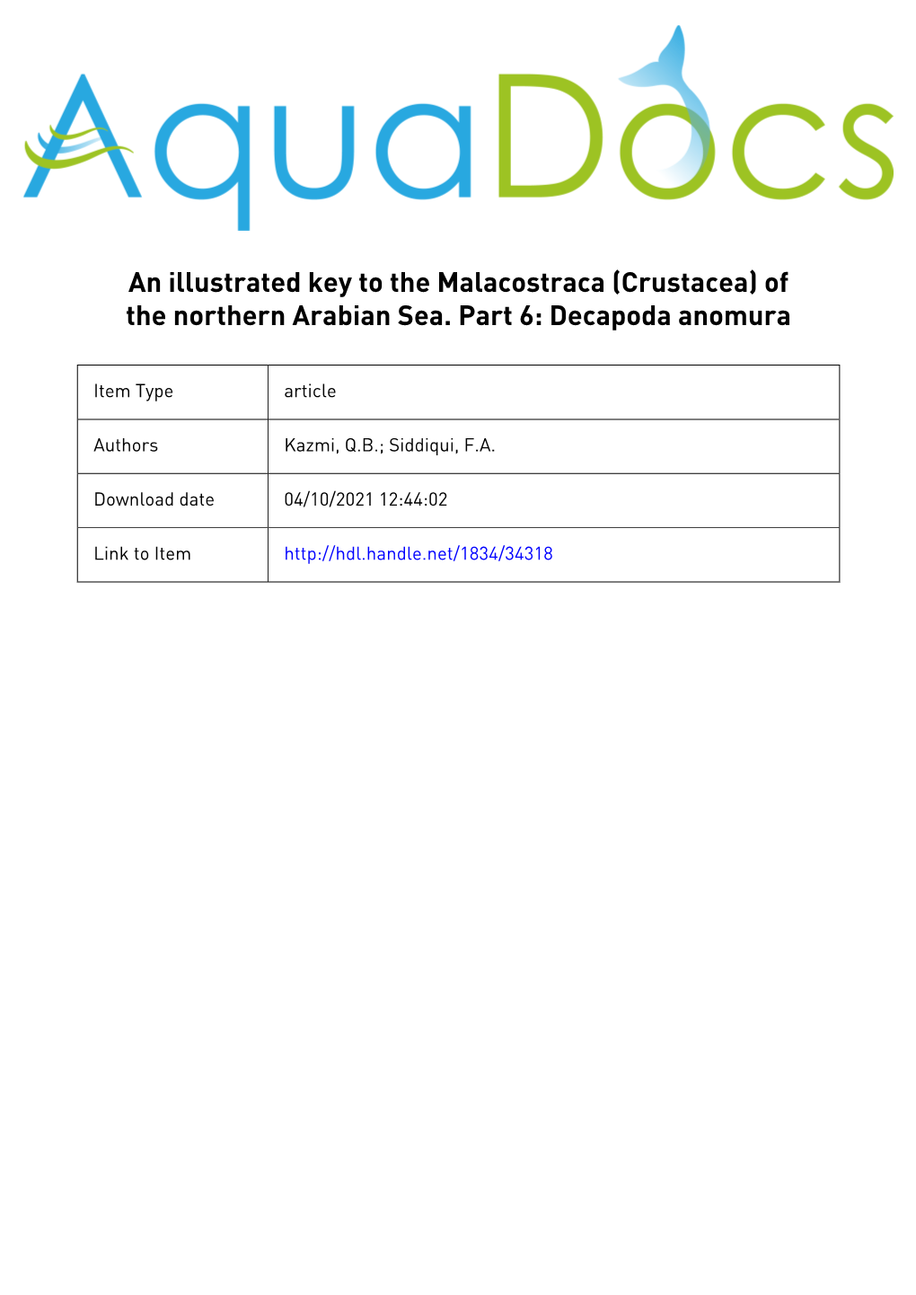 An Illustrated Key to the Malacostraca (Crustacea) of the Northern Arabian Sea. Part VI: Decapoda Anomura