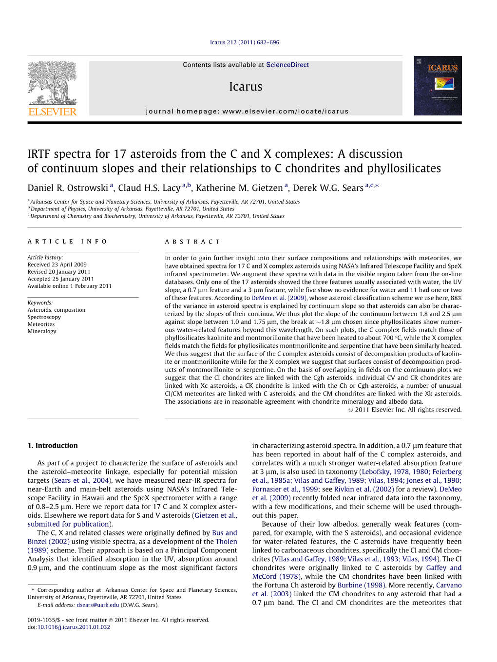 IRTF Spectra for 17 Asteroids from the C and X Complexes: a Discussion of Continuum Slopes and Their Relationships to C Chondrites and Phyllosilicates ⇑ Daniel R