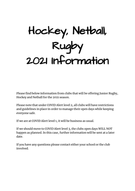 Hockey, Netball, Rugby 2021 Information