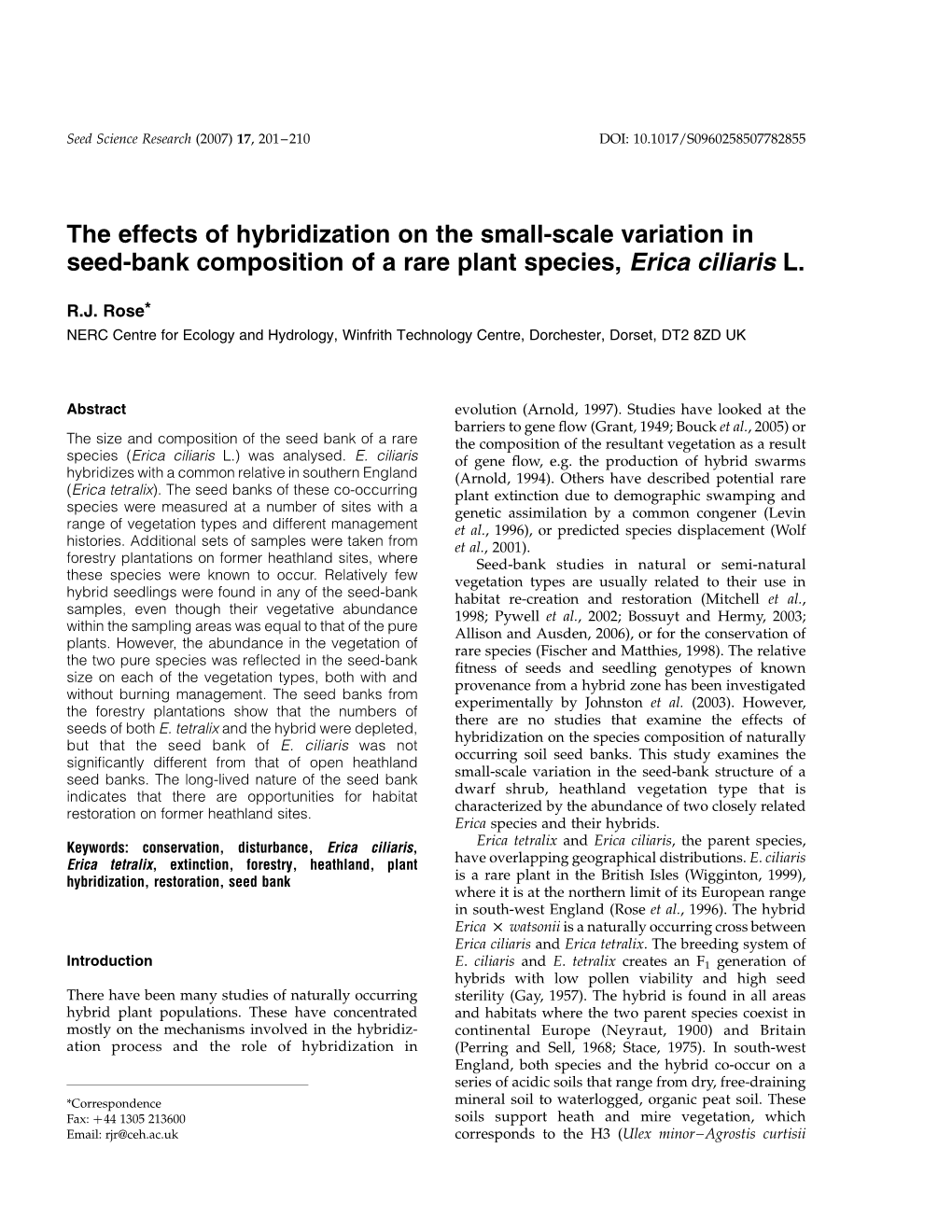 The Effects of Hybridization on the Small-Scale Variation in Seed-Bank Composition of a Rare Plant Species, Erica Ciliaris L