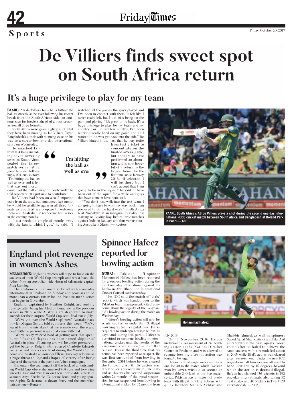 De Villiers Finds Sweet Spot on South Africa Return