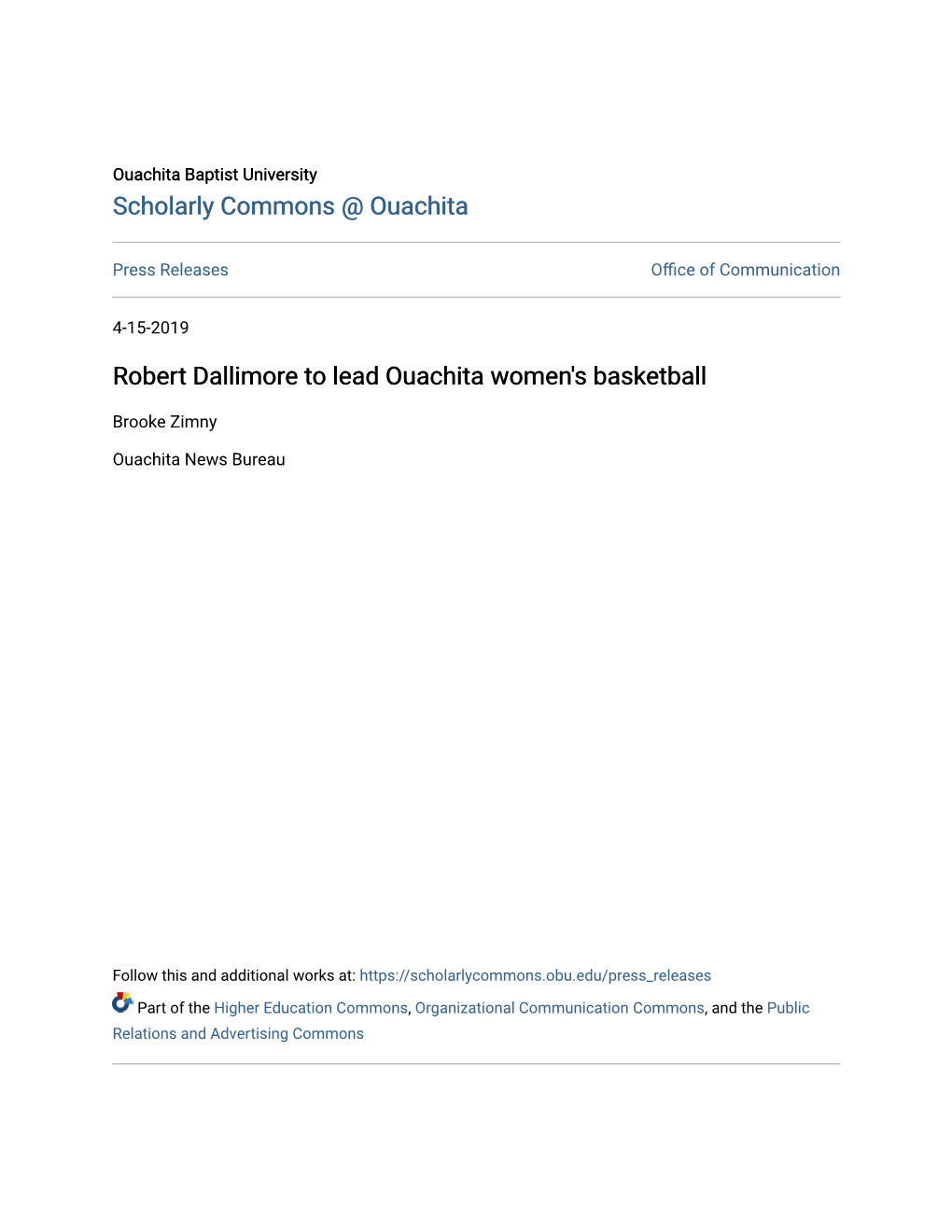Robert Dallimore to Lead Ouachita Women's Basketball